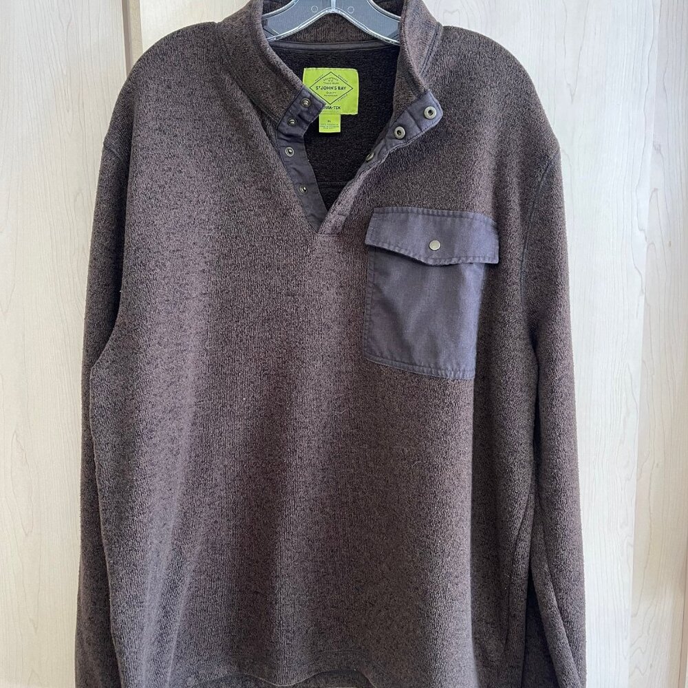 St Johns Bay Terra-Tek‎ Men Fleece Sweater Heather Brown 1/4 Snap Buttons XL